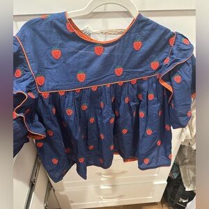 Farm Rio Strawberry Cross Stitch Embroidered Blouse Top Navy Blue Size XS NWT
